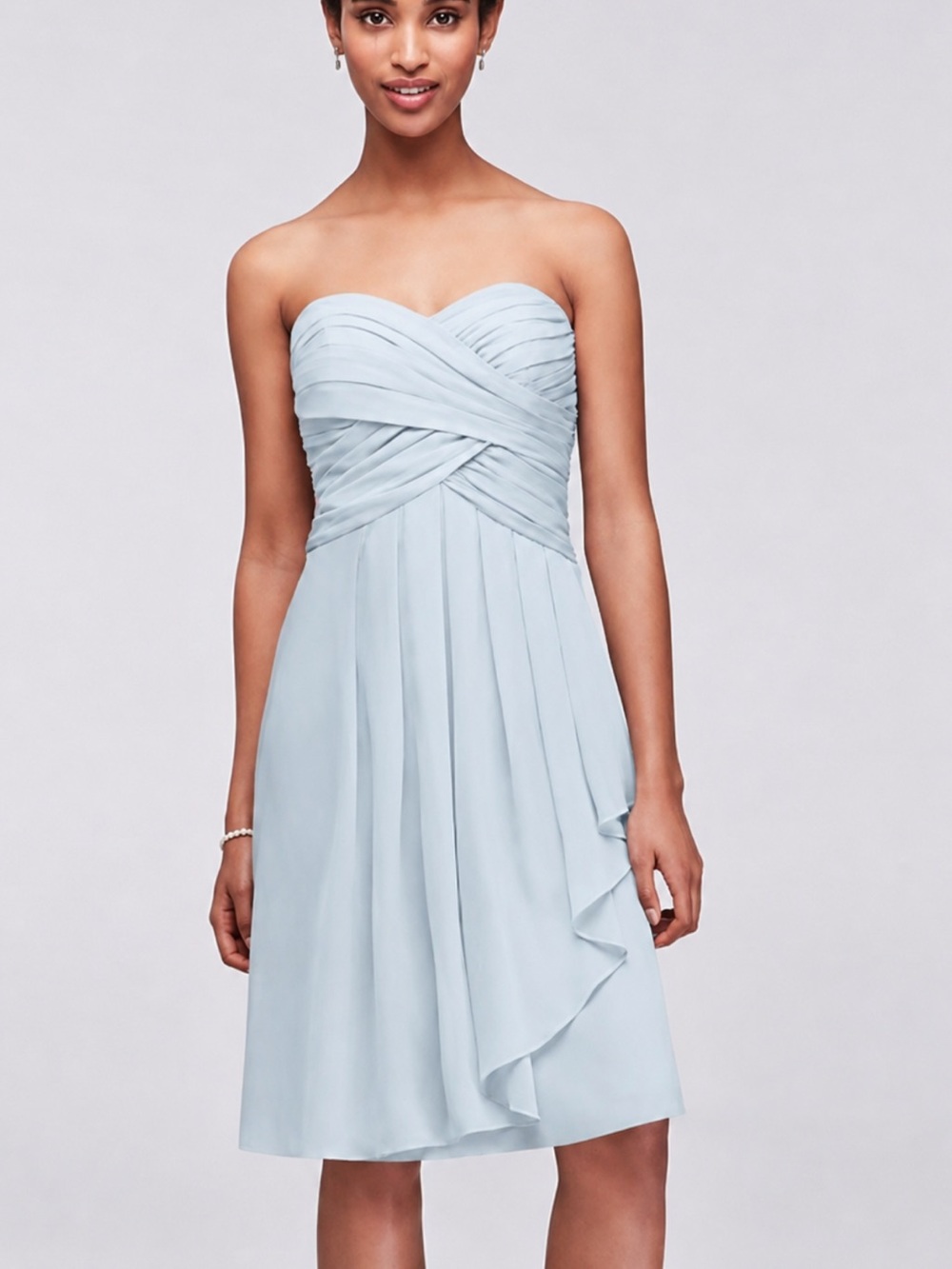 David's Bridal Strapless Light Blue Pleated Chiffon Dress